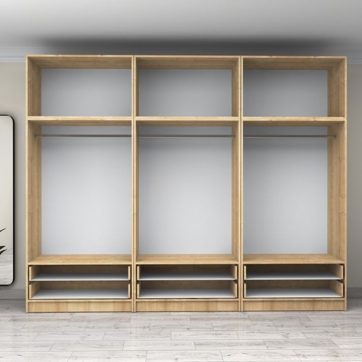 Ντουλάπα ρούχων Victoria εξάφυλλη με πατάρι και συρτάρια χρώμα φυσικό οξιάς 300x60x240εκ.