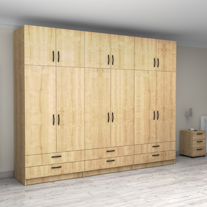 Ντουλάπα ρούχων Victoria εξάφυλλη με πατάρι και συρτάρια χρώμα φυσικό οξιάς 300x60x240εκ.