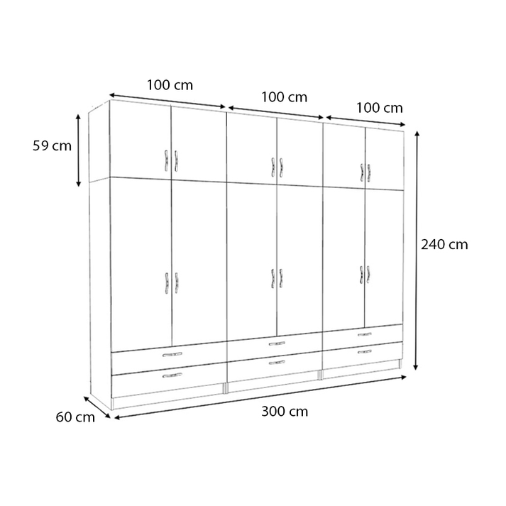 Ντουλάπα ρούχων Victoria εξάφυλλη με πατάρι και συρτάρια χρώμα φυσικό οξιάς 300x60x240εκ.