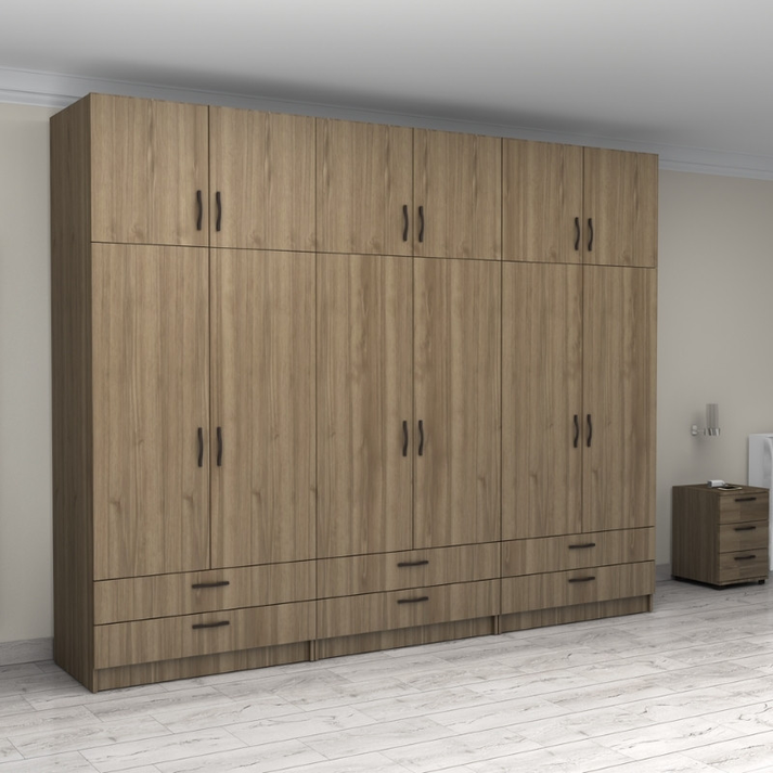 Ντουλάπα ρούχων Victoria εξάφυλλη με πατάρι και συρτάρια χρώμα καρυδί 300x60x240εκ.