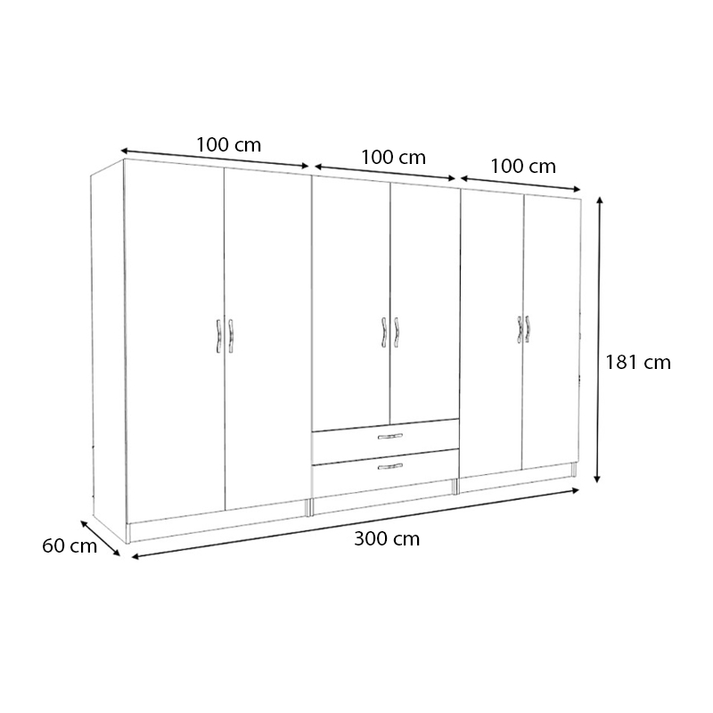 Ντουλάπα ρούχων Victoria εξάφυλλη με συρτάρια χρώμα φυσικό οξιάς 300x60x181εκ.