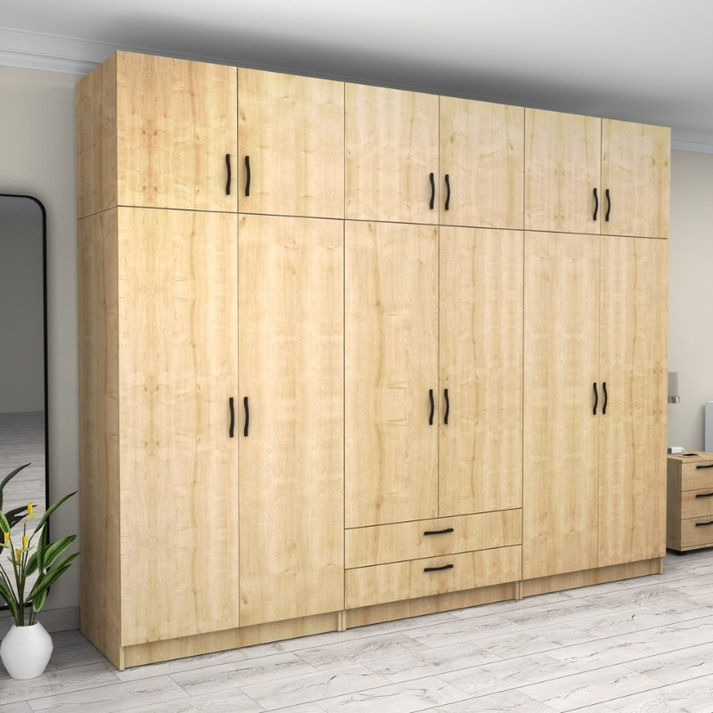 Ντουλάπα ρούχων Victoria εξάφυλλη με πατάρι και συρτάρια χρώμα φυσικό οξιάς 300x60x240εκ.