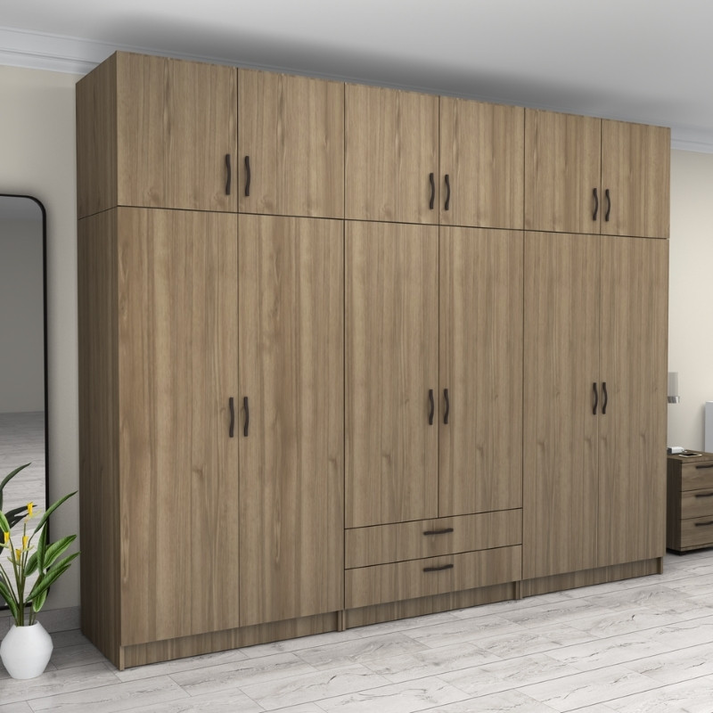 Ντουλάπα ρούχων Victoria εξάφυλλη με πατάρι και συρτάρια χρώμα καρυδί 300x60x240εκ.