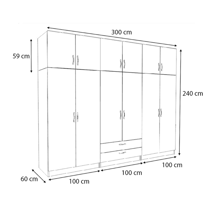Ντουλάπα ρούχων Victoria εξάφυλλη με πατάρι και συρτάρια χρώμα καρυδί 300x60x240εκ.