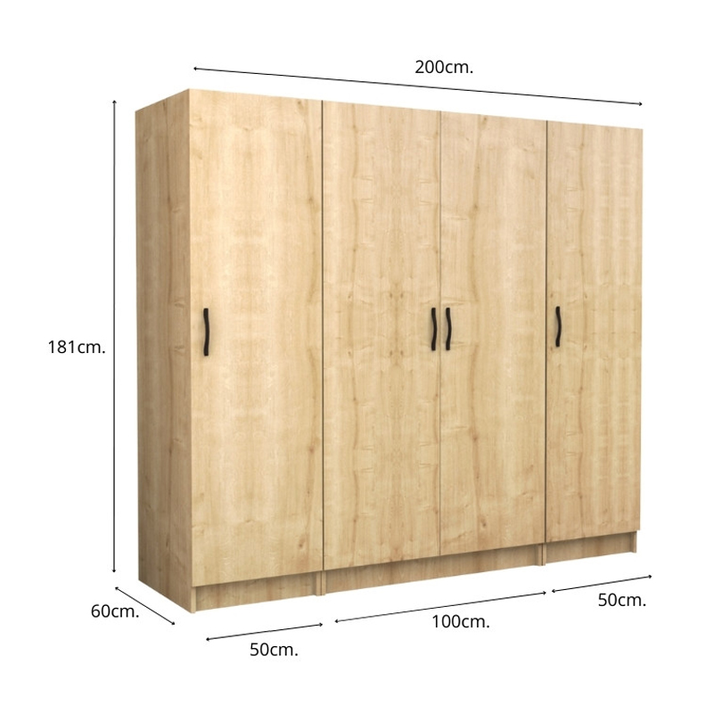 Ντουλάπα ρούχων Victoria τετράφυλλη χρώμα φυσικό οξιάς 200x60x181εκ.