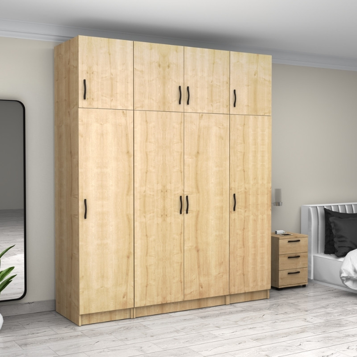 Ντουλάπα ρούχων Victoria τετράφυλλη με πατάρι χρώμα φυσικό οξιάς 200x60x240εκ.