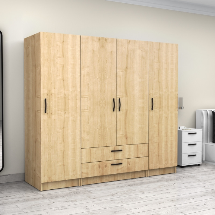 Ντουλάπα ρούχων Victoria τετράφυλλη με συρτάρια χρώμα φυσικό οξιάς 200x60x181εκ.