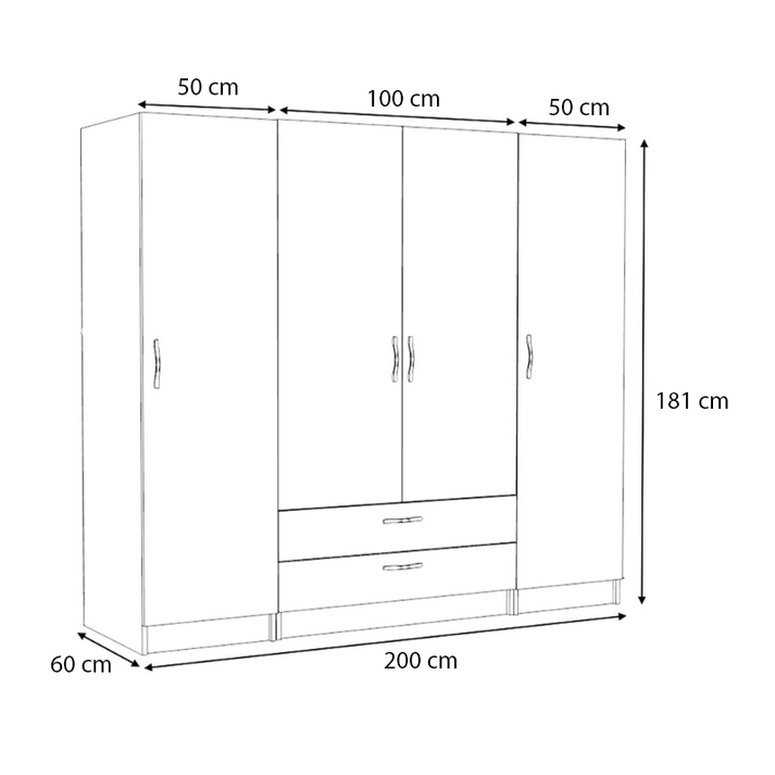 Ντουλάπα ρούχων Victoria τετράφυλλη με συρτάρια χρώμα φυσικό οξιάς 200x60x181εκ.