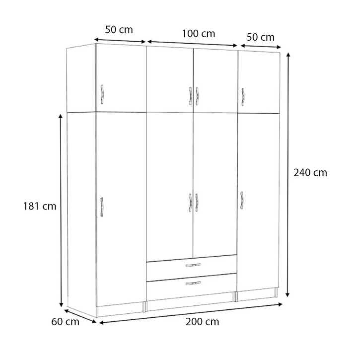 Ντουλάπα ρούχων Victoria  τετράφυλλη με πατάρι και συρτάρια χρώμα φυσικό οξιάς 200x60x240εκ.