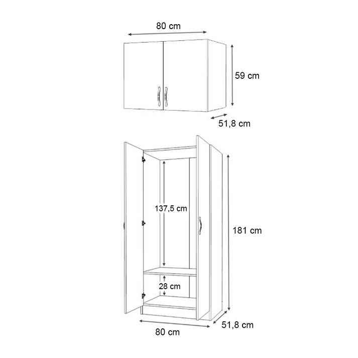 Ντουλάπα ρούχων Vivian δίφυλλη με πατάρι χρώμα φυσικό οξιάς 80x51,8x240εκ.