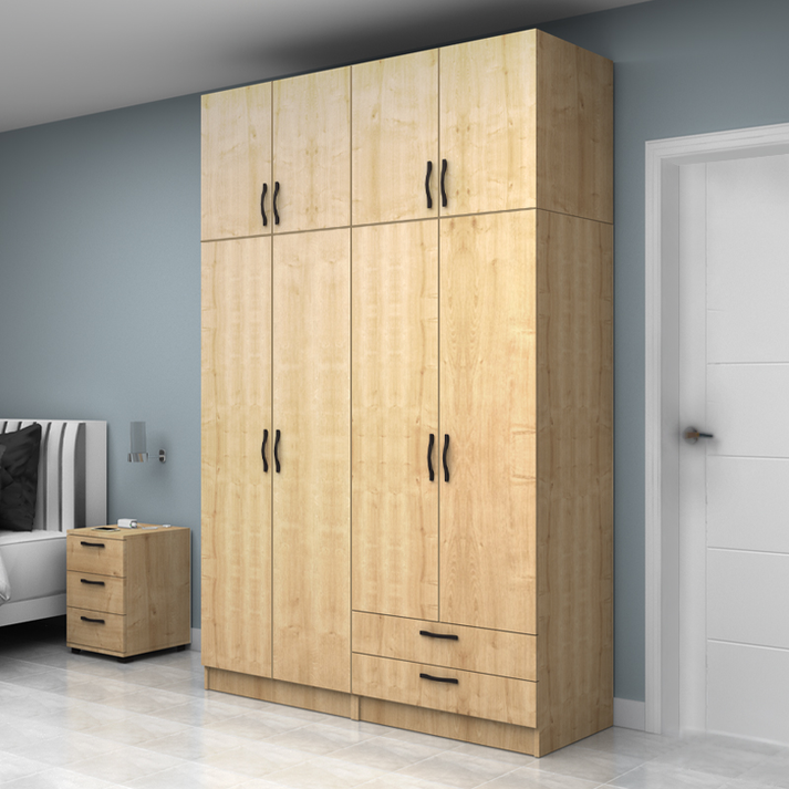 Ντουλάπα ρούχων Vivian τετράφυλλη με πατάρι και συρτάρια χρώμα φυσικό οξιάς 160x51,8x240εκ.