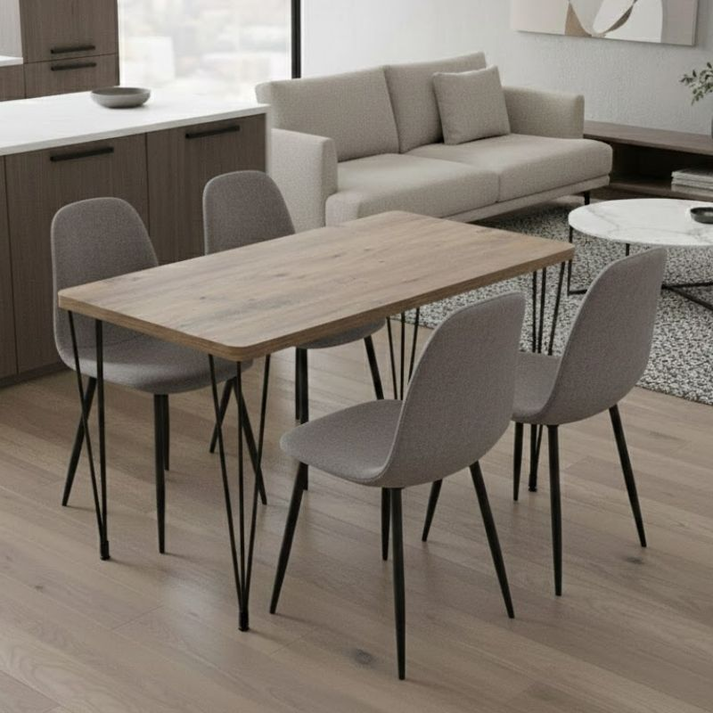 Σετ τραπεζαρία 5τμχ Roger - Iris Mdf - ύφασμα χρώμα ακακίας - ανοιχτό μπεζ 120x70x75εκ.