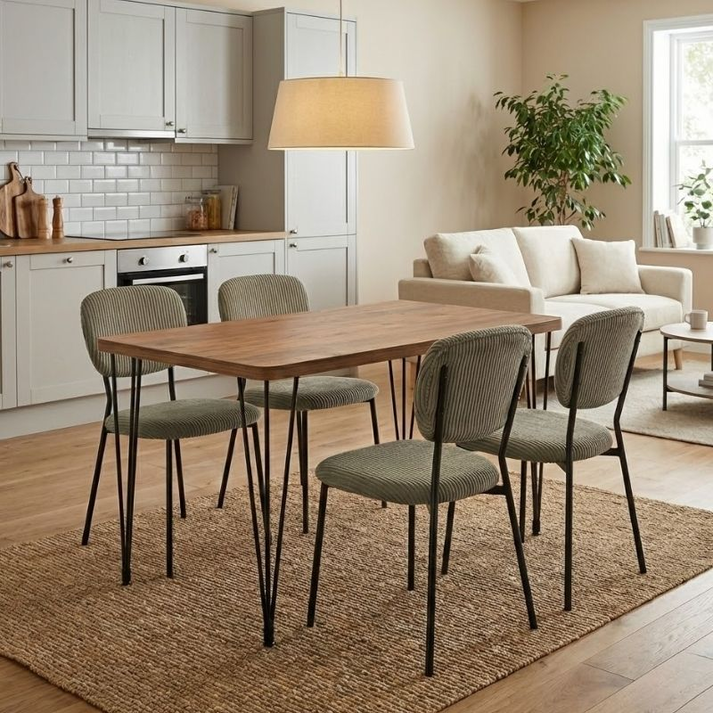 Σετ τραπεζαρία 5τμχ Roger - Kevin Mdf - ύφασμα χρώμα ακακίας - λαδί 120x70x75εκ.