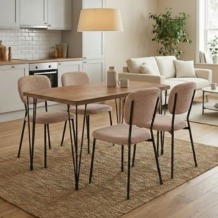 Σετ τραπεζαρία 5τμχ Roger - Kevin Mdf - ύφασμα χρώμα ακακίας - μόκα 120x70x75εκ.