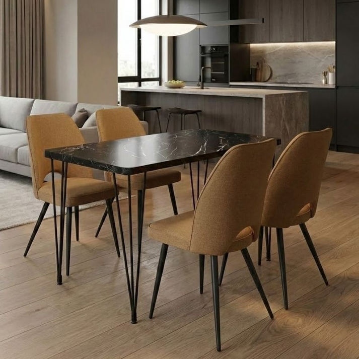 Σετ τραπεζαρία 5τμχ Roger - Christy Mdf - ύφασμα χρώμα μαύρο εφέ μαρμάρου - μουσταρδί 120x70x75εκ.