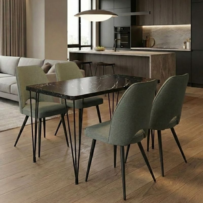 Σετ τραπεζαρία 5τμχ Roger - Christy Mdf - ύφασμα χρώμα μαύρο εφέ μαρμάρου - λαδί 120x70x75εκ.