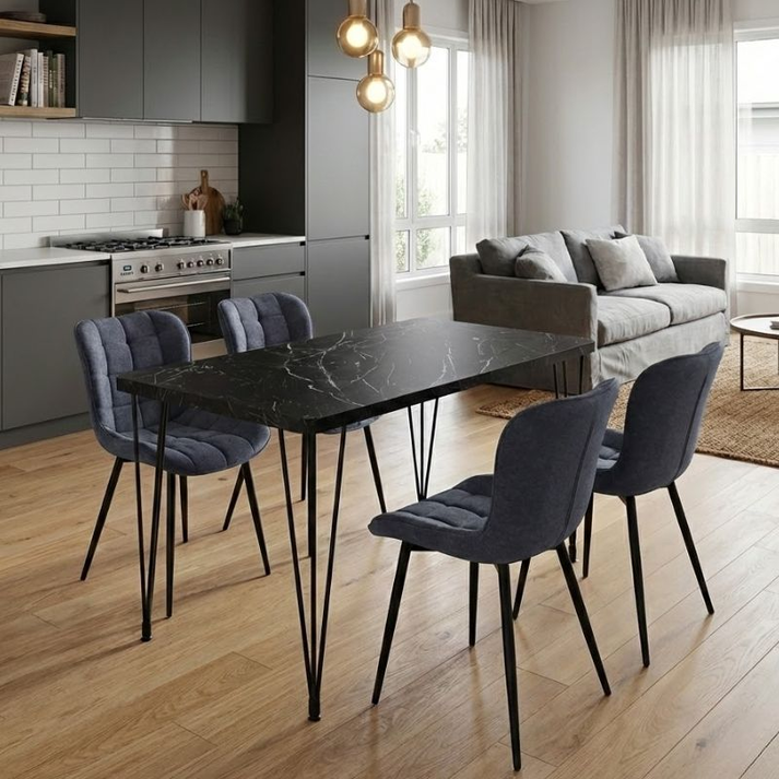 Σετ τραπεζαρία 5τμχ Roger - Chiara Mdf - ύφασμα χρώμα μαύρο εφέ μαρμάρου - ανθρακί 120x70x75εκ.