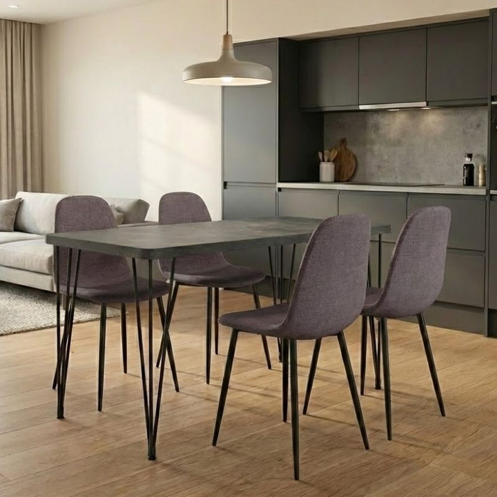 Σετ τραπεζαρία 5τμχ Roger - Iris Mdf - ύφασμα χρώμα σκούρο γκρι σκυροδέματος - ανοιχτό μπεζ 120x70x75εκ.