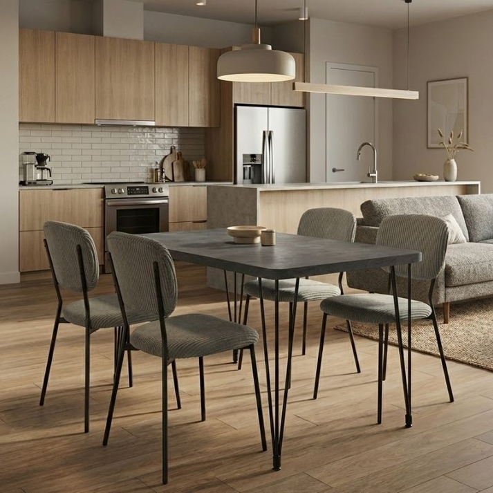 Σετ τραπεζαρία 5τμχ Roger - Kevin Mdf - ύφασμα χρώμα σκούρο γκρι σκυροδέματος - λαδί 120x70x75εκ.