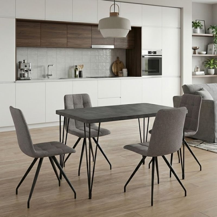 Σετ τραπεζαρία 5τμχ Roger - Bianca Mdf - ύφασμα χρώμα σκούρο γκρι σκυροδέματος - ανοιχτό μπεζ 120x70x75εκ.