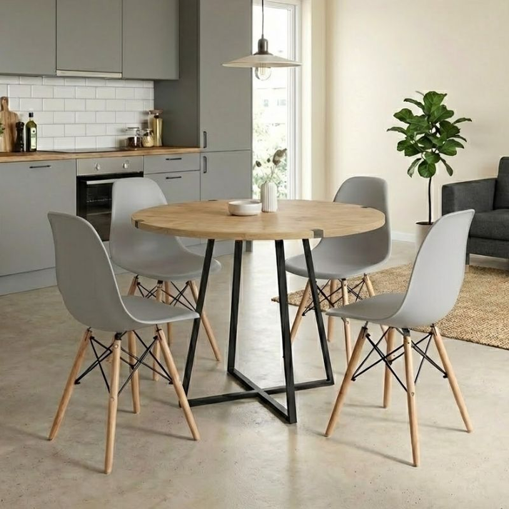 Σετ τραπεζαρία 5τμχ Rubes - Nova χρώμα φυσικό οξιάς - γκρι Ø100x78εκ.