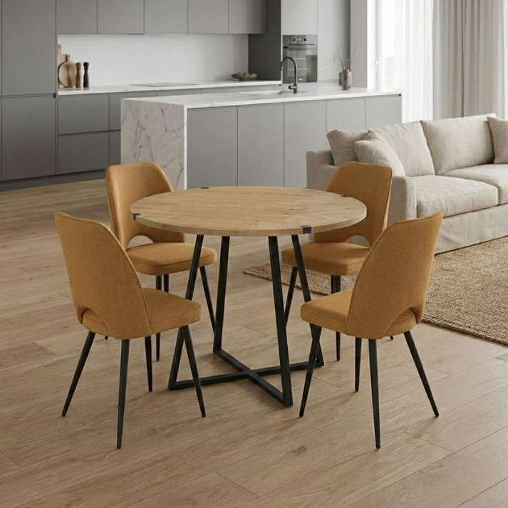 Σετ τραπεζαρία 5τμχ Rubes - Christy χρώμα φυσικό οξιάς - μουσταρδί Ø100x78εκ.