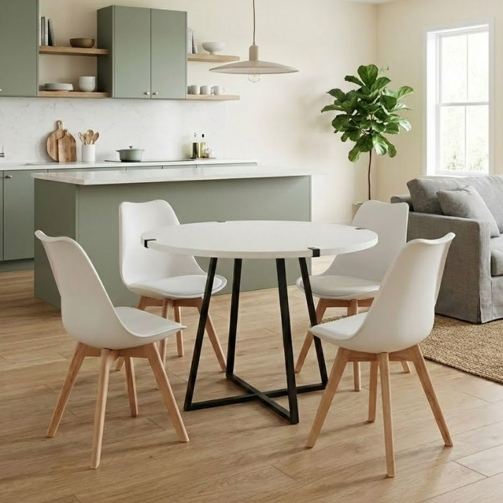 Σετ τραπεζαρία 5τμχ Rubes - Viva χρώμα λευκό - λευκό/φυσικό πόδι Ø100x78εκ.