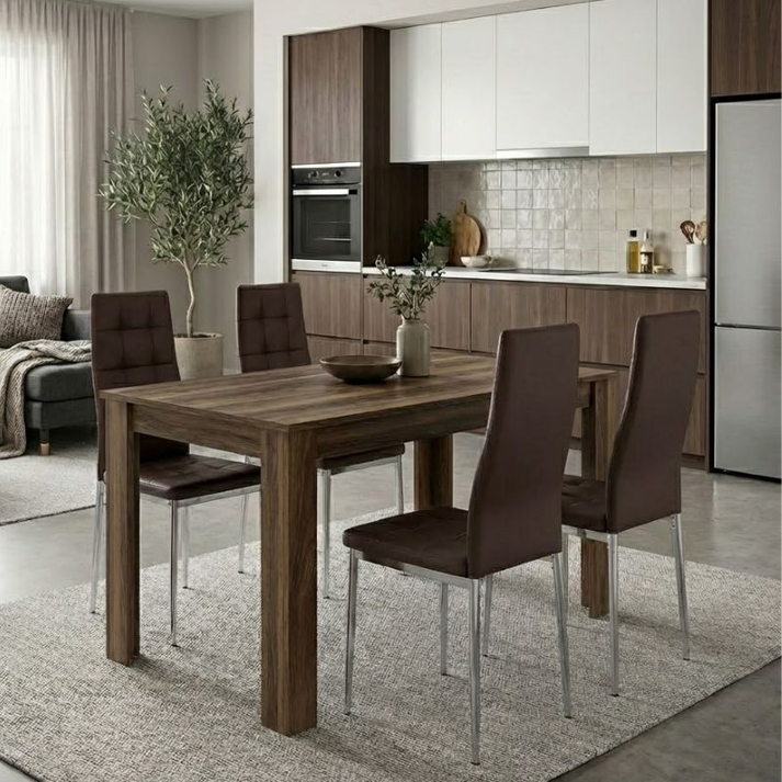 Σετ τραπεζαρία 5τμχ Darlen - Rosa χρώμα καρυδί - καφέ/χρωμίου πόδι 125x72x74εκ.