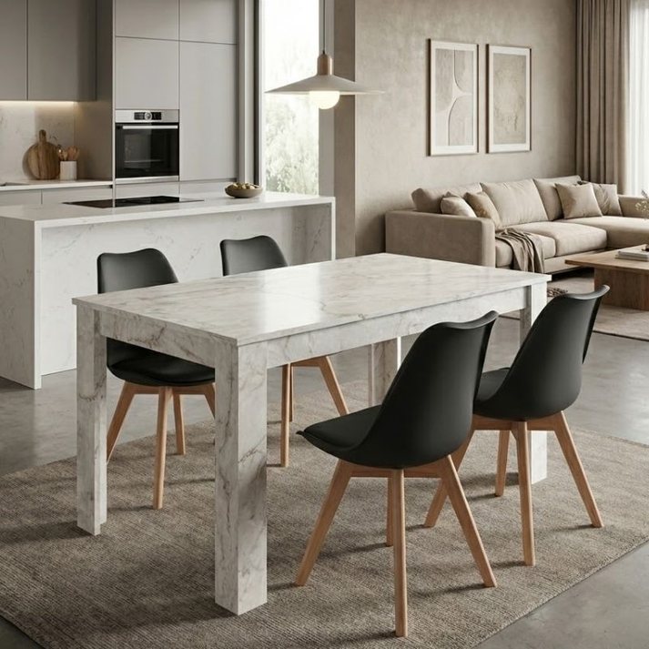 Σετ τραπεζαρία 5τμχ Darlen - Viva χρώμα λευκό εφέ μαρμάρου - μαύρο/φυσικό πόδι 125x72x74εκ.