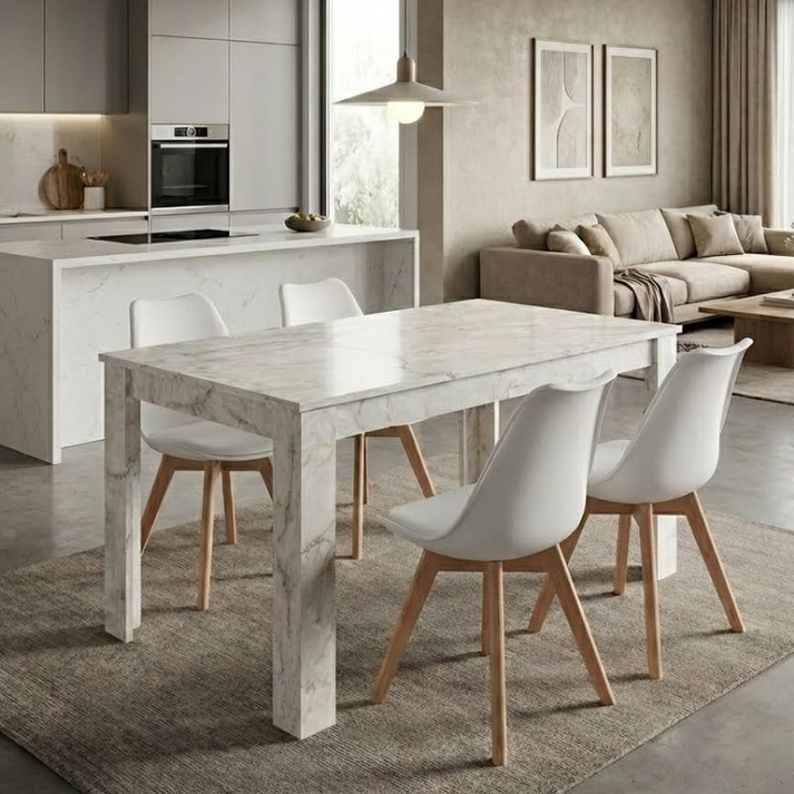 Σετ τραπεζαρία 5τμχ Darlen - Viva χρώμα λευκό εφέ μαρμάρου - λευκό/φυσικό πόδι 125x72x74εκ.