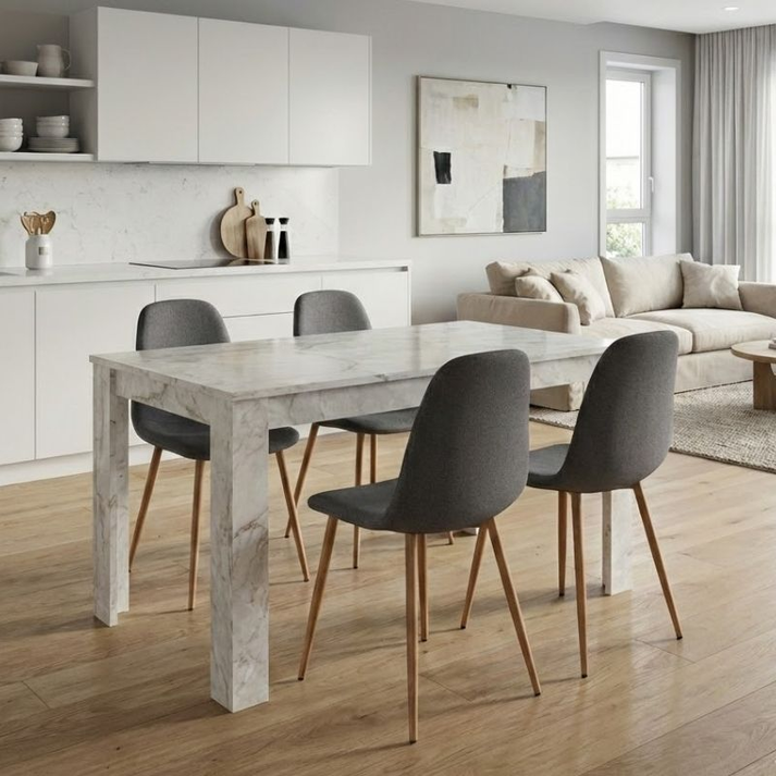 Σετ τραπεζαρία 5τμχ Darlen - Iris χρώμα λευκό εφέ μαρμάρου - γκρι/φυσικό πόδι 125x72x74εκ.