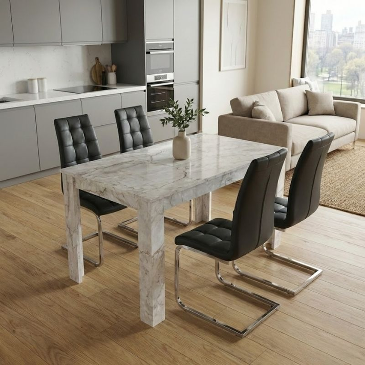 Σετ τραπεζαρία 5τμχ Darlen - Vela χρώμα λευκό εφέ μαρμάρου - μαύρο 125x72x74εκ.