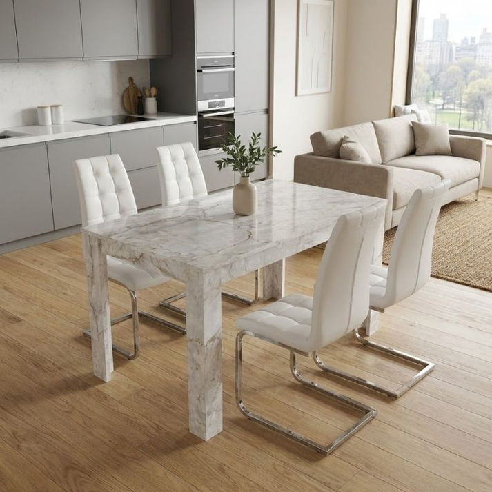 Σετ τραπεζαρία 5τμχ Darlen - Vela χρώμα λευκό εφέ μαρμάρου - λευκό 125x72x74εκ.