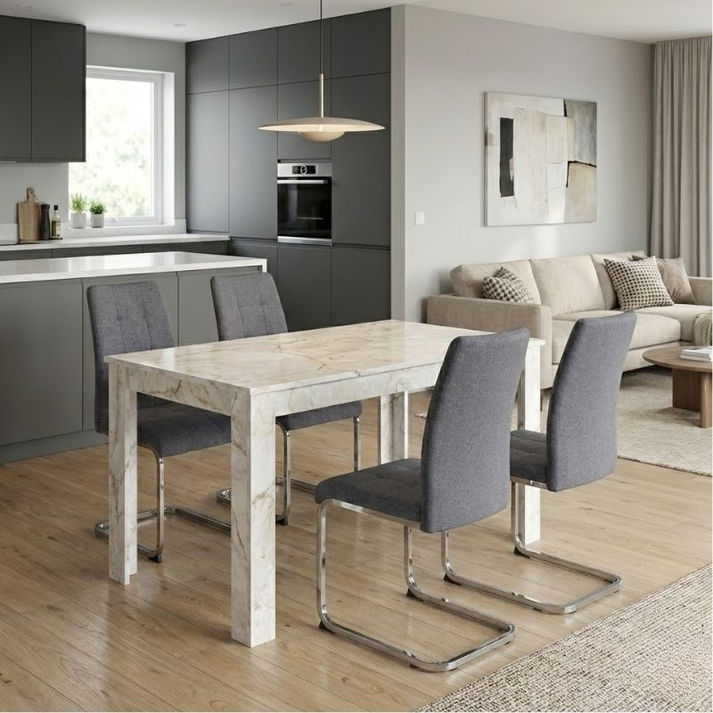 Σετ τραπεζαρία 5τμχ Darlen - Laura χρώμα λευκό εφέ μαρμάρου - γκρι 125x72x74εκ.