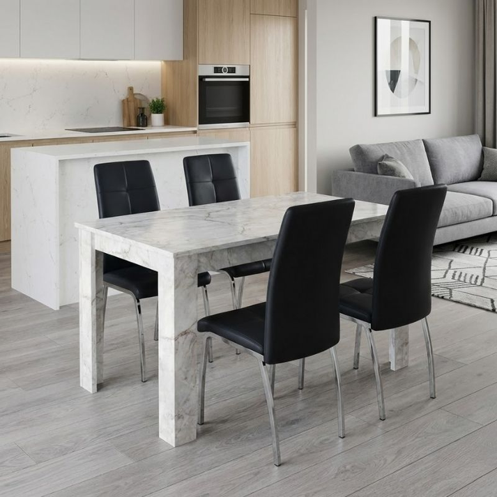Σετ τραπεζαρία 5τμχ Darlen - Alma χρώμα λευκό εφέ μαρμάρου - μαύρο 125x72x74εκ.