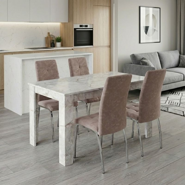 Σετ τραπεζαρία 5τμχ Darlen - Alma χρώμα λευκό εφέ μαρμάρου - μπεζ 125x72x74εκ.