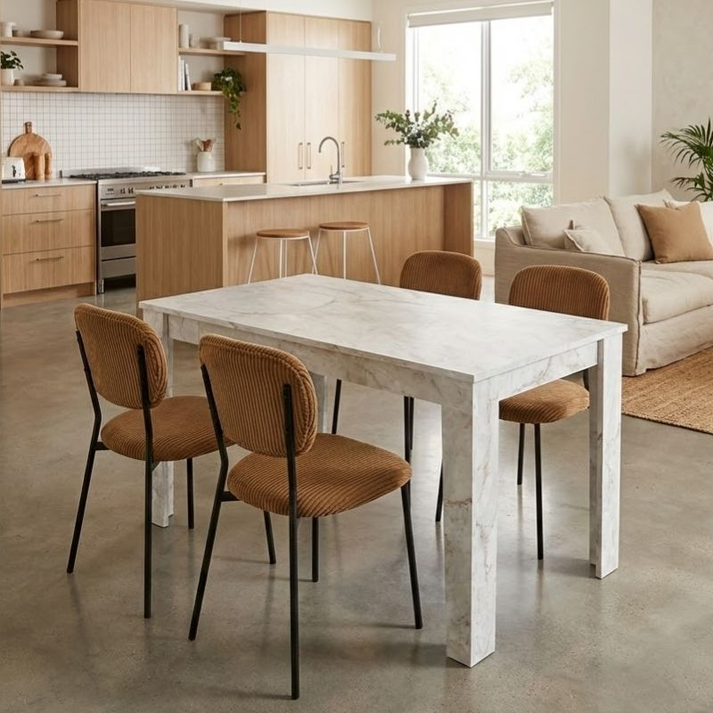 Σετ τραπεζαρία 5τμχ Darlen - Kevin χρώμα λευκό εφέ μαρμάρου - μουσταρδί 125x72x74εκ.