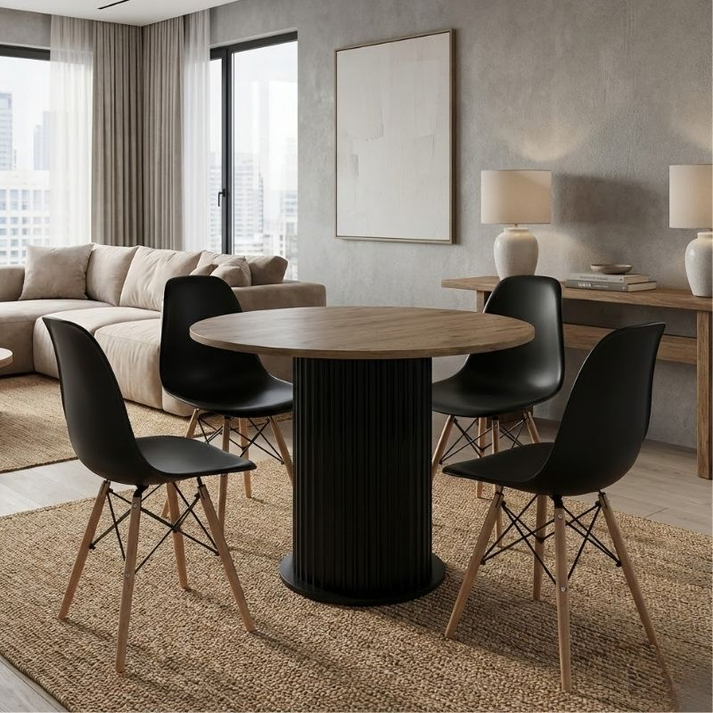 Σετ τραπεζαρία 5τμχ Bohema - Nova  χρώμα μαύρο/sepet oak - μαύρο Ø90x77,7εκ.