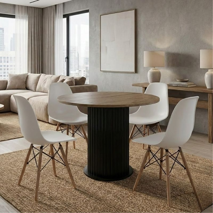 Σετ τραπεζαρία 5τμχ Bohema - Nova χρώμα μαύρο/sepet oak - λευκό Ø90x77,7εκ.