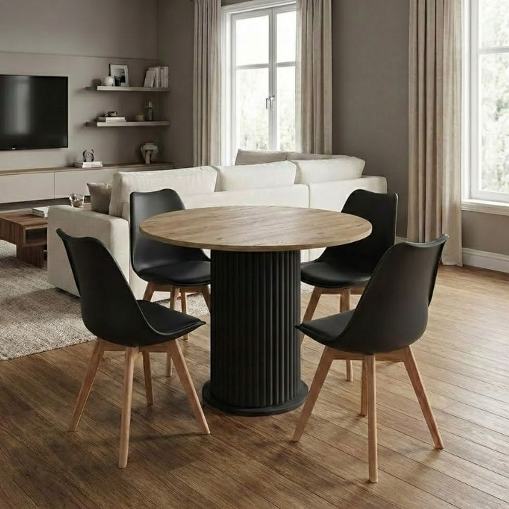 Σετ τραπεζαρία 5τμχ Bohema - Viva χρώμα μαύρο/sepet oak - μαύρο/φυσικό πόδι Ø90x77,7εκ.