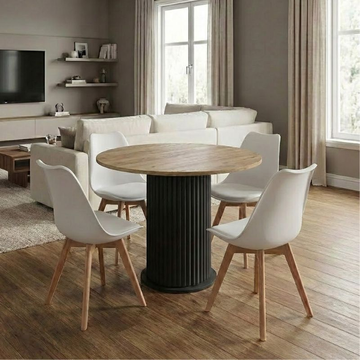 Σετ τραπεζαρία 5τμχ Bohema - Viva χρώμα μαύρο/sepet oak - λευκό/φυσικό πόδι Ø90x77,7εκ.