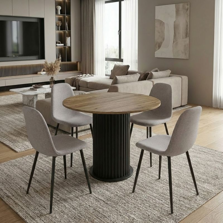 Σετ τραπεζαρία 5τμχ Bohema - Iris χρώμα μαύρο/sepet oak - ανοιχτό μπεζ Ø90x77,7εκ.