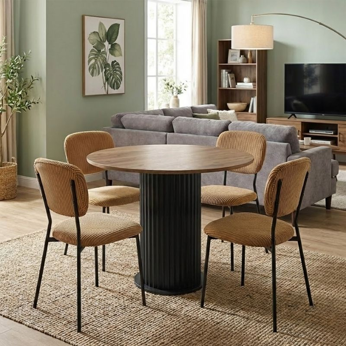 Σετ τραπεζαρία 5τμχ Bohema - Kevin χρώμα μαύρο/sepet oak - μουσταρδί Ø90x77,7εκ.