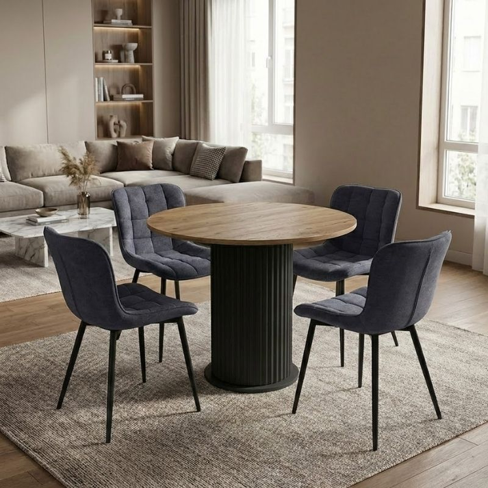 Σετ τραπεζαρία 5τμχ Bohema - Chiara χρώμα μαύρο/sepet oak - ανθρακί Ø90x77,7εκ.