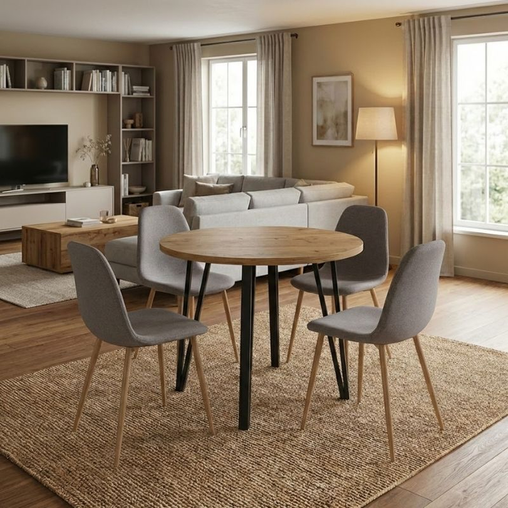 Σετ τραπεζαρία 5τμχ Xana - Iris χρώμα sepet oak - ανοιχτό μπεζ/φυσικό πόδι Ø90x77,5εκ.