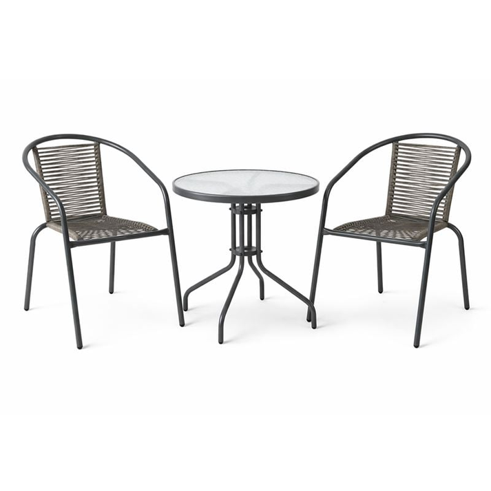 MIKA Set Κήπου - Βεράντας: Τραπέζι + 2 Πολυθρόνες Μέταλλο Βαφή Ανθρακί, PE Rattan Γκρι