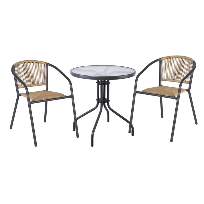 PATTY Set Κήπου - Βεράντας: Τραπέζι + 2 Πολυθρόνες Μέταλλο Βαφή Ανθρακί, PE Rattan Φυσικό