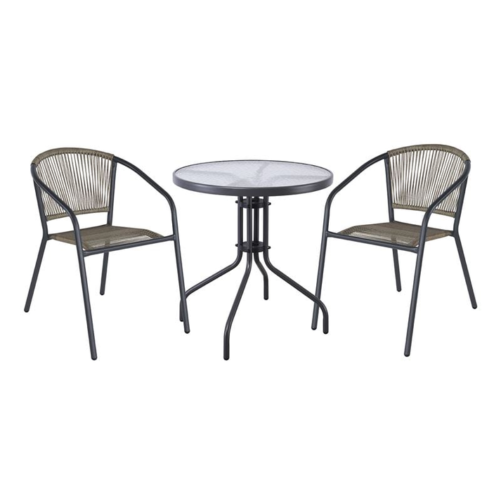 PATTY Set Κήπου - Βεράντας: Τραπέζι + 2 Πολυθρόνες Μέταλλο Βαφή Ανθρακί, PE Rattan Γκρι