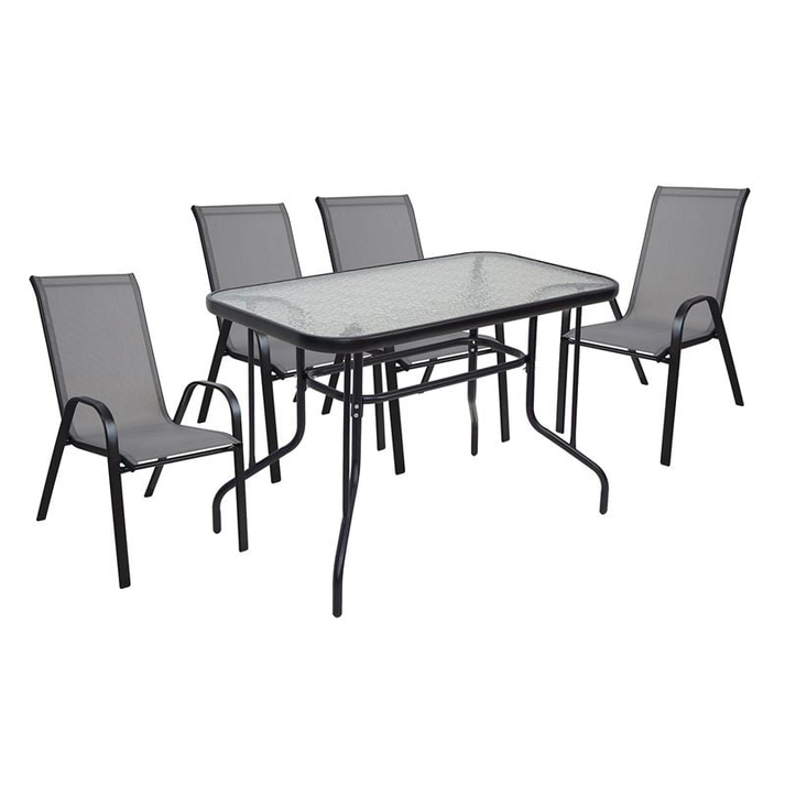 RIO Set Τραπεζαρία Κήπου Μέταλλο Βαφή Μαύρο, Textilene Γκρι: Τραπέζι + 4 Πολυθρόνες