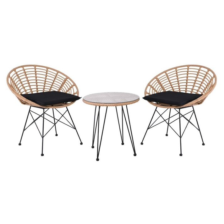 SALSA Coral Coffee Set Κήπου Μέταλλο Μαύρο - Γυαλί - Wicker Φυσικό: Τραπεζάκι+2 Πολυθρόνες